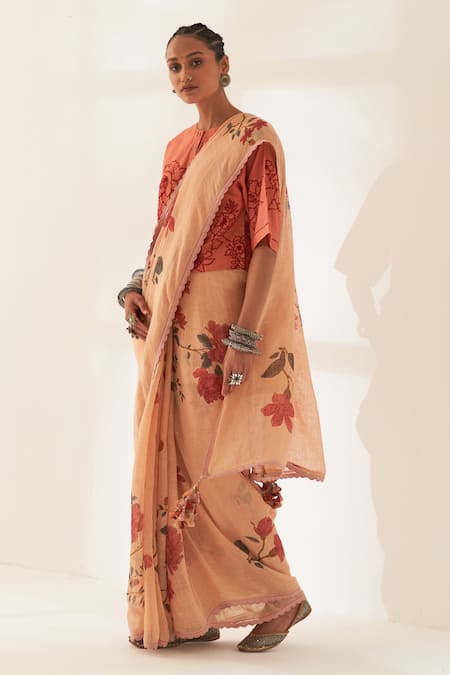 Kasturi Kundal Orange Linen Embroidery Gulmohar Pure Handloom Saree With Unstitched Blouse Online at Aza Fashions Kasturi Kundal_Orange Linen Embroidery Gulmohar Pure Handloom Saree With Unstitched Blouse _Online_at_Aza_Fashions