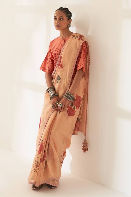 Shop Kasturi Kundal Orange Linen Embroidery Gulmohar Pure Handloom Saree With Unstitched Blouse Online at Aza Fashions Shop_Kasturi Kundal_Orange Linen Embroidery Gulmohar Pure Handloom Saree With Unstitched Blouse _Online_at_Aza_Fashions