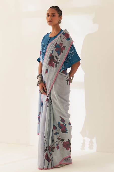 Kasturi Kundal_Blue Linen Round Neck Mahua Pure Handloom Saree With Unstitched Blouse _Online_at_Aza_Fashions