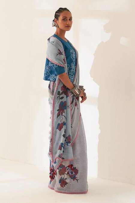 Buy_Kasturi Kundal_Blue Linen Round Neck Mahua Pure Handloom Saree With Unstitched Blouse _Online_at_Aza_Fashions