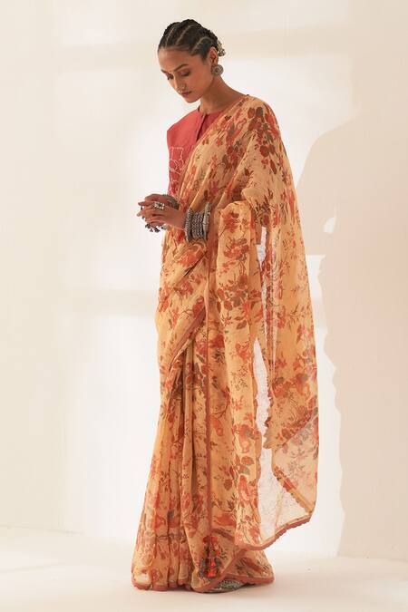 Kasturi Kundal_Orange Linen Tassels, Maulshree Pure Handloom Saree With Unstitched Blouse_Online_at_Aza_Fashions