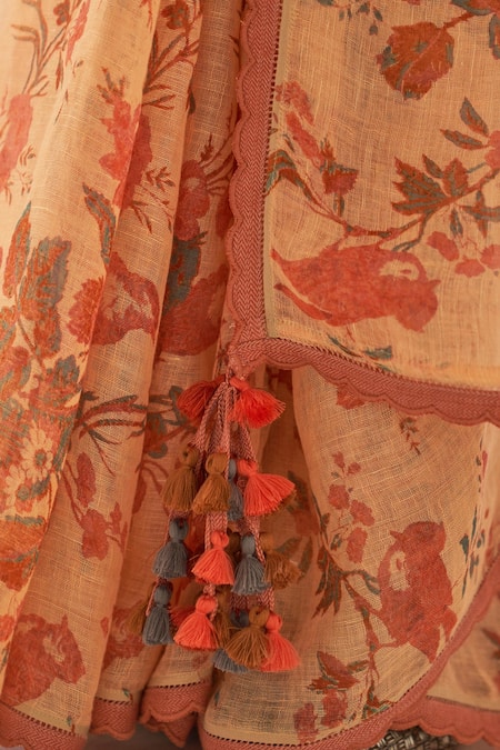 Shop_Kasturi Kundal_Orange Linen Tassels, Maulshree Pure Handloom Saree With Unstitched Blouse_Online_at_Aza_Fashions