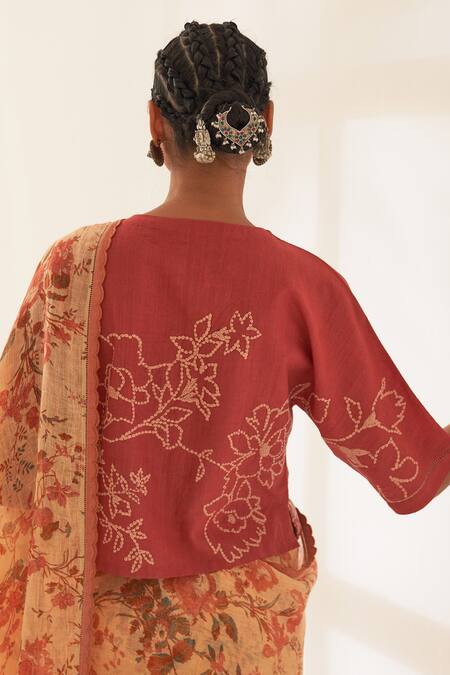 Kasturi Kundal_Orange Linen Tassels, Maulshree Pure Handloom Saree With Unstitched Blouse_at_Aza_Fashions