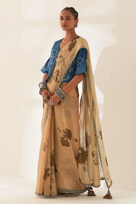 Kasturi Kundal Brown Linen Embroidery Sanobar Pure Handloom Saree With Unstitched Blouse Online at Aza Fashions Kasturi Kundal_Brown Linen Embroidery Sanobar Pure Handloom Saree With Unstitched Blouse _Online_at_Aza_Fashions