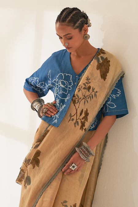 Buy Kasturi Kundal Brown Linen Embroidery Sanobar Pure Handloom Saree With Unstitched Blouse Online at Aza Fashions Buy_Kasturi Kundal_Brown Linen Embroidery Sanobar Pure Handloom Saree With Unstitched Blouse _Online_at_Aza_Fashions
