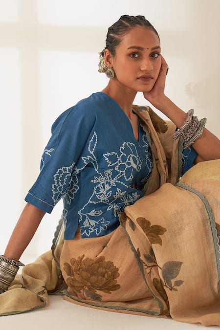 Shop Kasturi Kundal Brown Linen Embroidery Sanobar Pure Handloom Saree With Unstitched Blouse Online at Aza Fashions Shop_Kasturi Kundal_Brown Linen Embroidery Sanobar Pure Handloom Saree With Unstitched Blouse _Online_at_Aza_Fashions