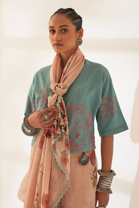 Buy_Kasturi Kundal_Peach Linen Embroidery Pankhuri Pure Handloom Saree With Unstitched Blouse_Online_at_Aza_Fashions