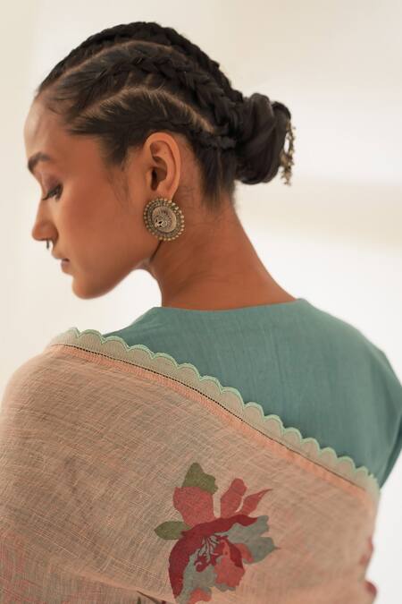 Shop_Kasturi Kundal_Peach Linen Embroidery Pankhuri Pure Handloom Saree With Unstitched Blouse_Online_at_Aza_Fashions