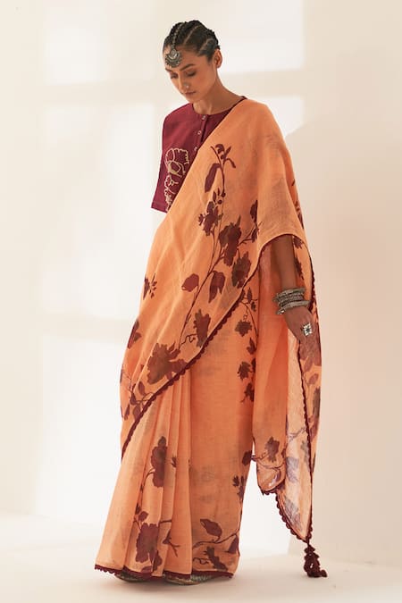 Buy Paisley Kolka Designer Burnt Orange Pure Cotton Saree at Low Cost