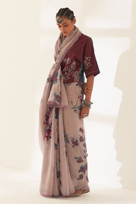 Kasturi Kundal_Purple Linen Tassels, Buta Pure Handloom Saree With Unstitched Blouse_Online_at_Aza_Fashions