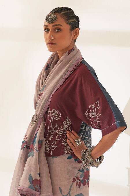 Buy_Kasturi Kundal_Purple Linen Tassels, Buta Pure Handloom Saree With Unstitched Blouse_Online_at_Aza_Fashions