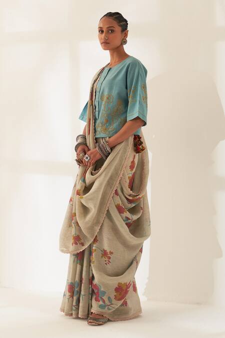 Kasturi Kundal_White Linen Embroidery Round Kali Pure Handloom Saree With Unstitched Blouse_Online_at_Aza_Fashions