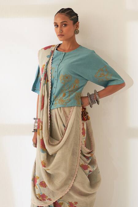 Shop_Kasturi Kundal_White Linen Embroidery Round Kali Pure Handloom Saree With Unstitched Blouse_Online_at_Aza_Fashions