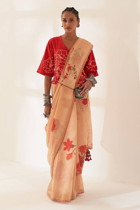 Kasturi Kundal Orange Linen Tassels, Dhoop Pure Handloom Saree With Unstitched Blouse Online at Aza Fashions Kasturi Kundal_Orange Linen Tassels, Dhoop Pure Handloom Saree With Unstitched Blouse_Online_at_Aza_Fashions