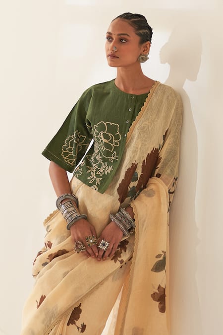 Buy Kasturi Kundal Beige Linen Embroidery Mahogany Pure Handloom Saree With Unstitched Blouse Online at Aza Fashions Buy_Kasturi Kundal_Beige Linen Embroidery Mahogany Pure Handloom Saree With Unstitched Blouse _Online_at_Aza_Fashions