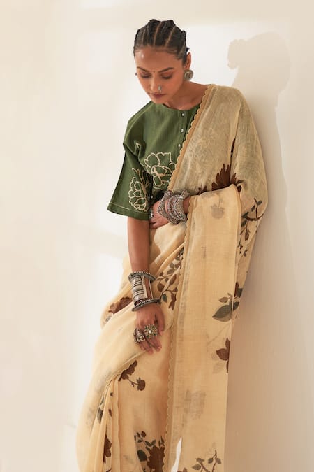 Shop Kasturi Kundal Beige Linen Embroidery Mahogany Pure Handloom Saree With Unstitched Blouse Online at Aza Fashions Shop_Kasturi Kundal_Beige Linen Embroidery Mahogany Pure Handloom Saree With Unstitched Blouse _Online_at_Aza_Fashions