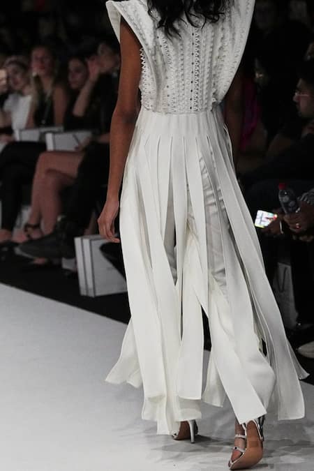 Shop_Vidhi Wadhwani_Ivory Crepe Sequins, Applique V-neck Kate Structured Tunic And Pant Set _Online_at_Aza_Fashions