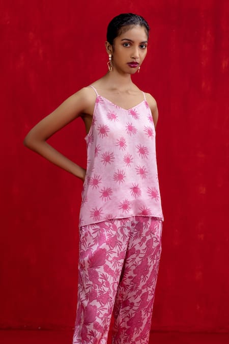 Buy_Kauza_Pink Bamboo V-neck Taki Fizz Printed Spaghetti Top _Online_at_Aza_Fashions
