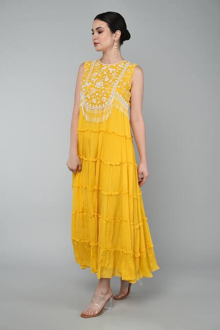 Shop Keith Gomes Yellow Crepe, Chiffon, Georgette Beads, Sequins Embroidered Yoke Tiered Dress Online at Aza Fashions Shop_Keith Gomes_Yellow Crepe, Chiffon, Georgette Beads, Sequins Embroidered Yoke Tiered Dress _Online_at_Aza_Fashions