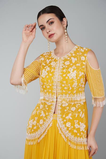 Shop Keith Gomes Yellow Georgette, Organza Beads, Embroidered Mustard Peplum Top And Skirt Set Online at Aza Fashions Shop_Keith Gomes_Yellow Georgette, Organza Beads, Embroidered Mustard Peplum Top And Skirt Set _Online_at_Aza_Fashions