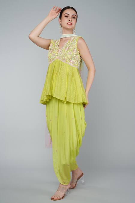 Keith Gomes_Yellow Chanderi, Crepe, Chiffon Sequins V-neck Embellished Top Dhoti Set _Online_at_Aza_Fashions
