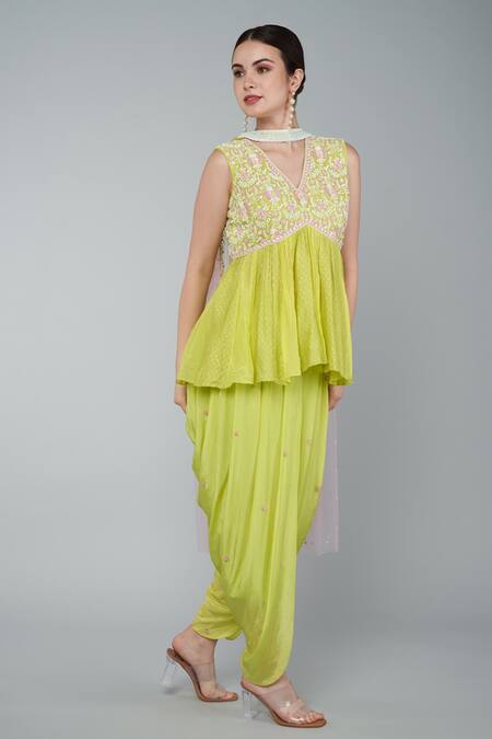 Buy_Keith Gomes_Yellow Chanderi, Crepe, Chiffon Sequins V-neck Embellished Top Dhoti Set _Online_at_Aza_Fashions