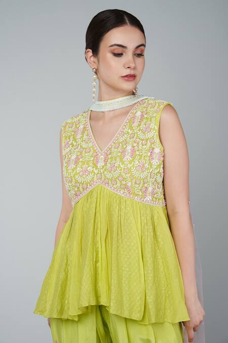Shop_Keith Gomes_Yellow Chanderi, Crepe, Chiffon Sequins V-neck Embellished Top Dhoti Set _Online_at_Aza_Fashions