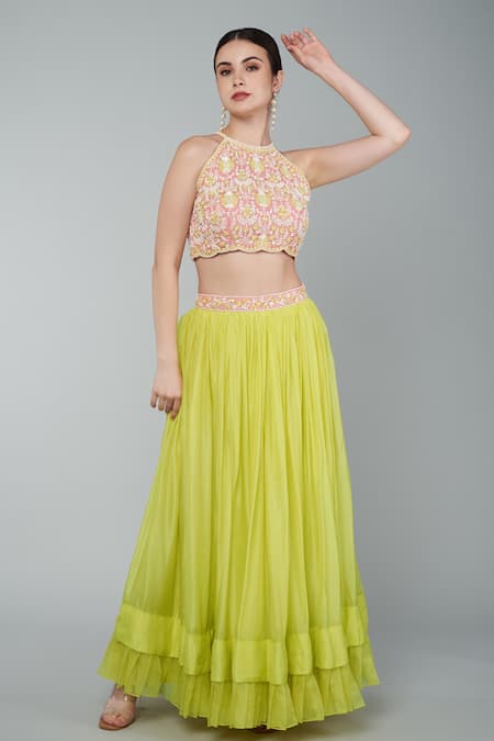 Keith Gomes_Yellow Net, Georgette Sequins, Beads Floral Embellished Crop Top And Skirt Set _Online_at_Aza_Fashions