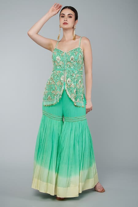 Keith Gomes Green Net, Crepe, Chiffon, Georgette Beads, Embroidered Tunic Gharara Set Online at Aza Fashions Keith Gomes_Green Net, Crepe, Chiffon, Georgette Beads, Embroidered Tunic Gharara Set _Online_at_Aza_Fashions
