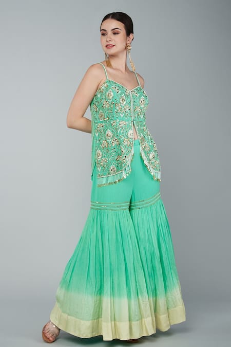 Buy Keith Gomes Green Net, Crepe, Chiffon, Georgette Beads, Embroidered Tunic Gharara Set Online at Aza Fashions Buy_Keith Gomes_Green Net, Crepe, Chiffon, Georgette Beads, Embroidered Tunic Gharara Set _Online_at_Aza_Fashions
