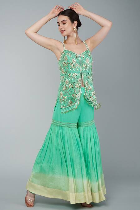 Shop Keith Gomes Green Net, Crepe, Chiffon, Georgette Beads, Embroidered Tunic Gharara Set Online at Aza Fashions Shop_Keith Gomes_Green Net, Crepe, Chiffon, Georgette Beads, Embroidered Tunic Gharara Set _Online_at_Aza_Fashions