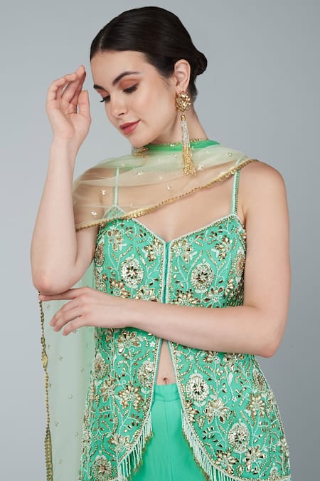 Keith Gomes Green Net, Crepe, Chiffon, Georgette Beads, Embroidered Tunic Gharara Set at Aza Fashions Keith Gomes_Green Net, Crepe, Chiffon, Georgette Beads, Embroidered Tunic Gharara Set _at_Aza_Fashions
