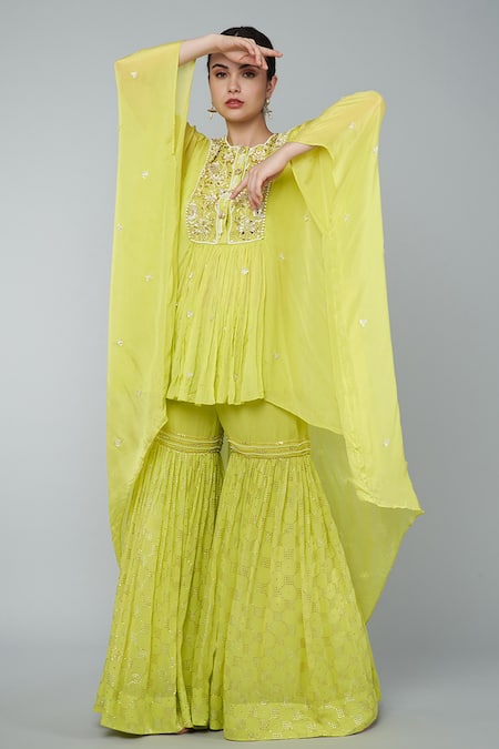 Shop_Keith Gomes_Yellow Chiffon, Crepe, Georgette Beads Round Embellished Tunic And Gharara Set _Online_at_Aza_Fashions