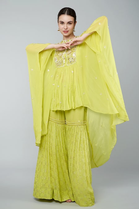 Keith Gomes_Yellow Chiffon, Crepe, Georgette Beads Round Embellished Tunic And Gharara Set _at_Aza_Fashions