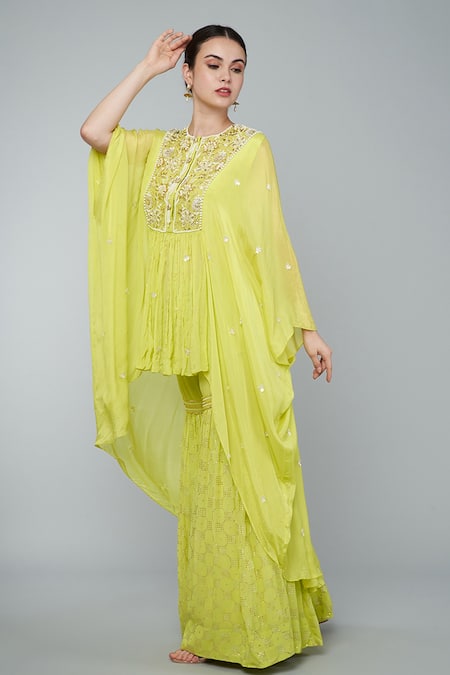 Buy_Keith Gomes_Yellow Chiffon, Crepe, Georgette Beads Round Embellished Tunic And Gharara Set 