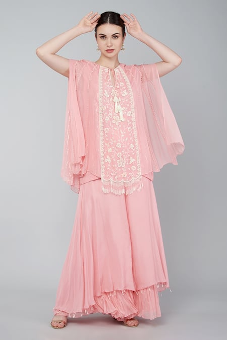 Shop Keith Gomes Pink Georgette Sequins Round Neck Embellished Cape Tunic And Palazzo Set Online at Aza Fashions Shop_Keith Gomes_Pink Georgette Sequins Round Neck Embellished Cape Tunic And Palazzo Set _Online_at_Aza_Fashions