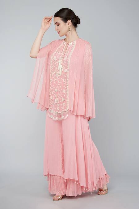 Keith Gomes Pink Georgette Sequins Round Neck Embellished Cape Tunic And Palazzo Set at Aza Fashions Keith Gomes_Pink Georgette Sequins Round Neck Embellished Cape Tunic And Palazzo Set _at_Aza_Fashions