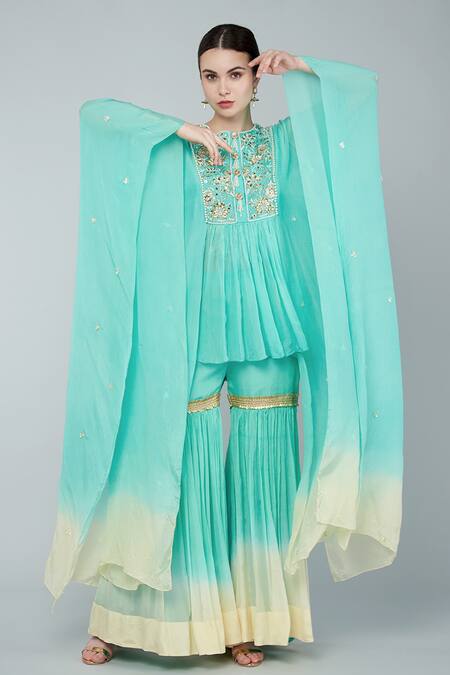 Keith Gomes Green Chiffon, Crepe Beads Round Neck Ombre Embellished Tunic And Gharara Set Online at Aza Fashions Keith Gomes_Green Chiffon, Crepe Beads Round Neck Ombre Embellished Tunic And Gharara Set _Online_at_Aza_Fashions