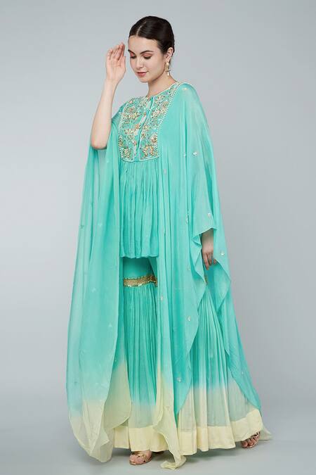 Buy Keith Gomes Green Chiffon, Crepe Beads Round Neck Ombre Embellished Tunic And Gharara Set Online at Aza Fashions Buy_Keith Gomes_Green Chiffon, Crepe Beads Round Neck Ombre Embellished Tunic And Gharara Set _Online_at_Aza_Fashions