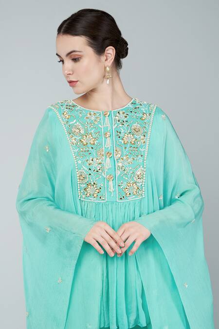 Shop Keith Gomes Green Chiffon, Crepe Beads Round Neck Ombre Embellished Tunic And Gharara Set Online at Aza Fashions Shop_Keith Gomes_Green Chiffon, Crepe Beads Round Neck Ombre Embellished Tunic And Gharara Set _Online_at_Aza_Fashions