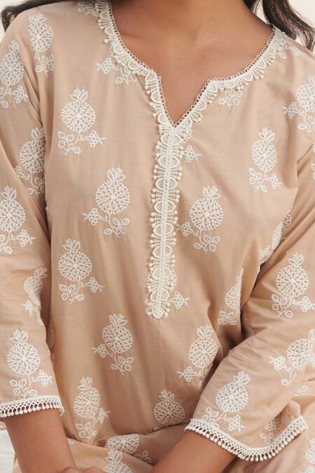 Shop_Mulmul_Beige 100% Pure Mulmul Embroidery Kelil Flower Kurta And Pant Set _Online_at_Aza_Fashions