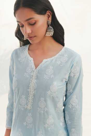Buy_Mulmul_Blue 100% Pure Mulmul Embroidery Thread Kelil Marigold Kurta Set _Online_at_Aza_Fashions