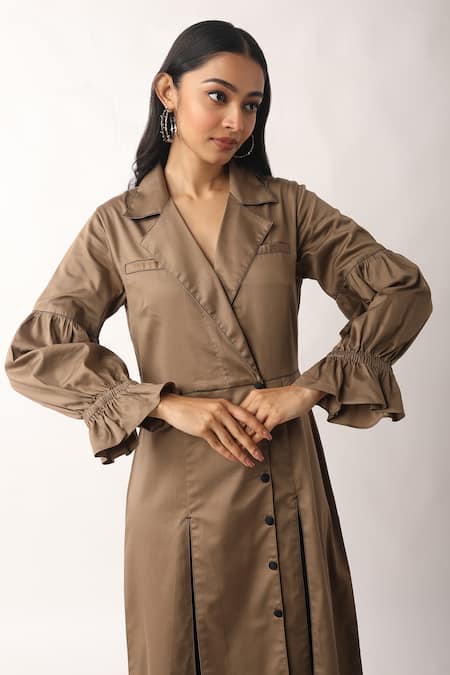 Womens Tunic Dress Plain Flounce Sleeve Brown L 