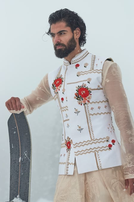 Sahil Kochhar_White Silk Embroidery Floral Nehru Jacket _Online_at_Aza_Fashions