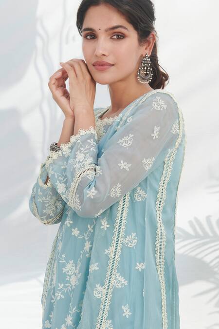 Mulmul_Blue 100% Pure Mulmul Embroidered Floral Round Keri Kurta With Pant _at_Aza_Fashions