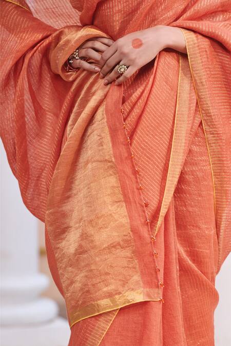 Dressfolk_Orange 100% Linen And Zari Woven Stripe Kesari Saree _Online_at_Aza_Fashions