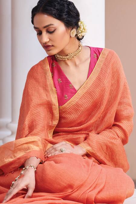 Shop_Dressfolk_Orange 100% Linen And Zari Woven Stripe Kesari Saree _Online_at_Aza_Fashions