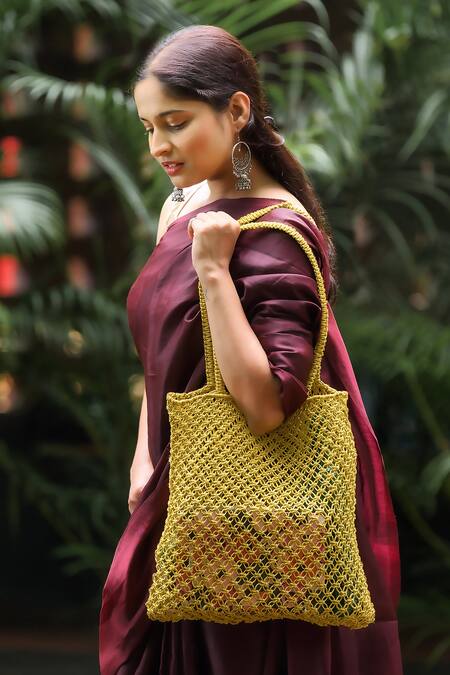 Buy_Riti_Yellow Kinnari Macrame Work Beach Bag _Online_at_Aza_Fashions