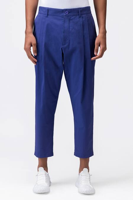 Genes Lecoanet Hemant Blue Cotton Twill Plain Pleated Trouser Online at Aza Fashions Genes Lecoanet Hemant_Blue Cotton Twill Plain Pleated Trouser _Online_at_Aza_Fashions