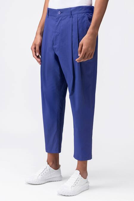 Buy Genes Lecoanet Hemant Blue Cotton Twill Plain Pleated Trouser Online at Aza Fashions Buy_Genes Lecoanet Hemant_Blue Cotton Twill Plain Pleated Trouser _Online_at_Aza_Fashions